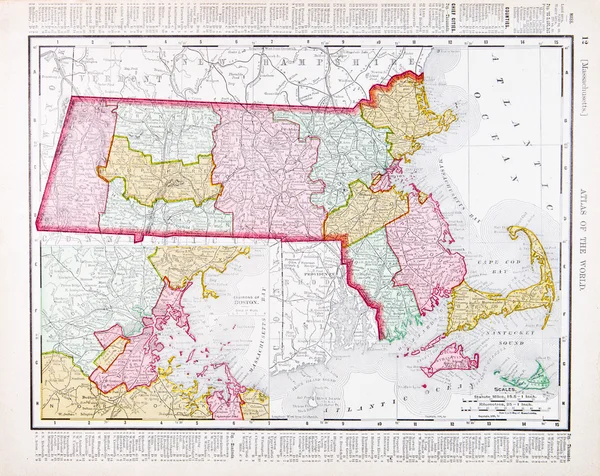 Vintage Color Map of Massachusetts, United States