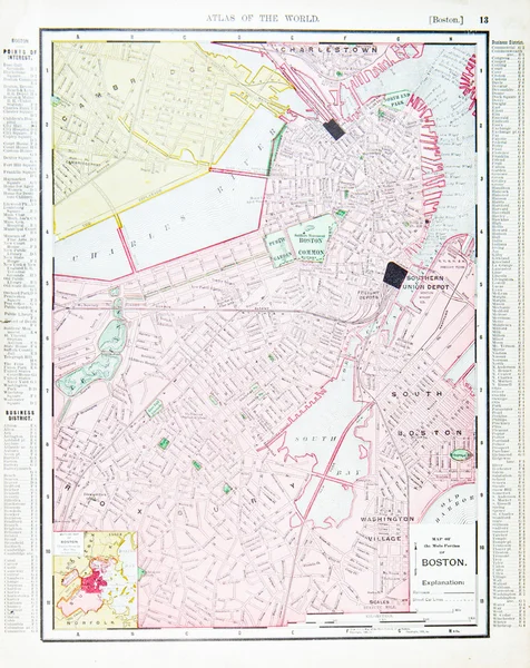 Detailed Antique Street Map Boston, Massachusetts