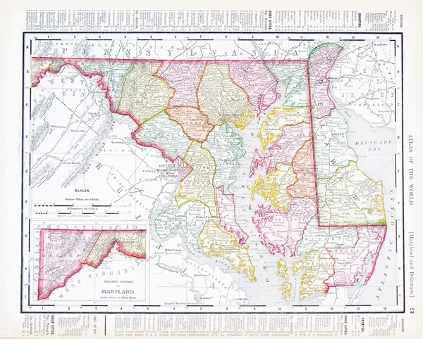 Antique Vintage Color Map Maryland Delaware, USA