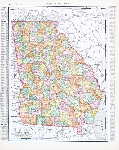 Antique Color Map of Georgia, GA United States USA