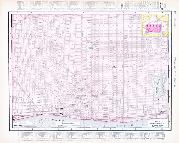 Color Street City Map of Detroit, Michigan, MI USA