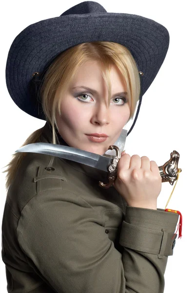 Scout flicka klädd i uniform, med vass kniv i handen - Stockbild - depositphotos_7796268-Scout-girl