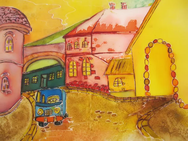 Painting of happy orange city with blue car. Kids art.