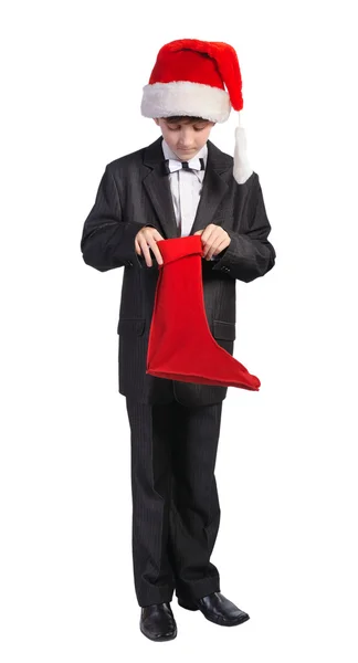 用红色帽子和红色袜子，孤立的男孩 — 图库照片