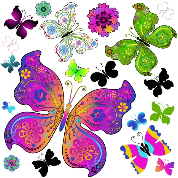 Conjunto de borboletas coloridas e pretas — Vetor de Stock