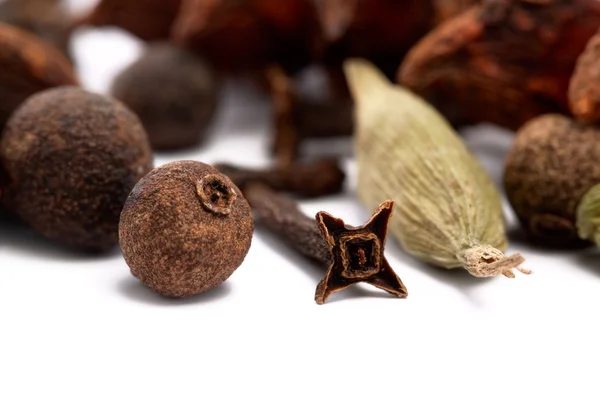Closeup de cravo, cardamon e pimenta sobre fundo branco — Fotografia de Stock