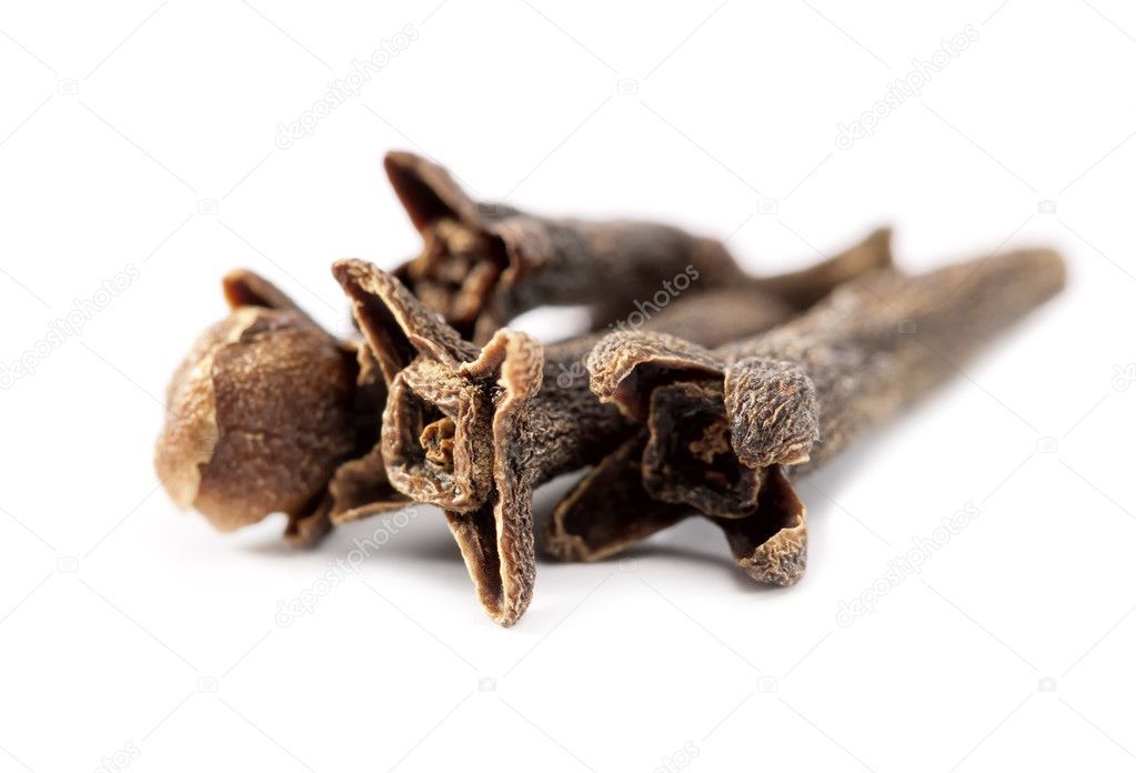 Closeup of clove spices over white background with shadow