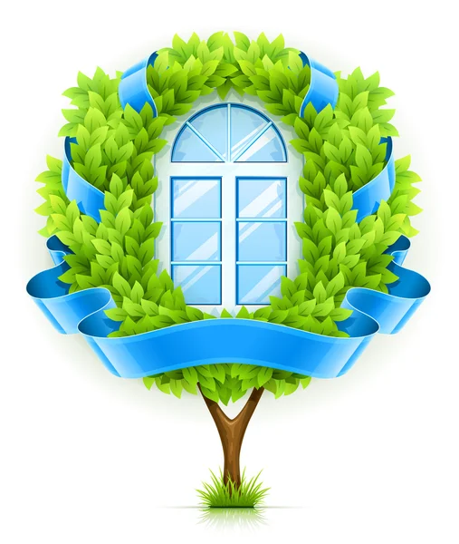 Concepto de ventana ecológico con árbol verde — Vector de stock