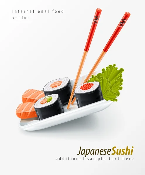 Comida japonesa sushi com o peixe e os pauzinhos — Vetor de Stock