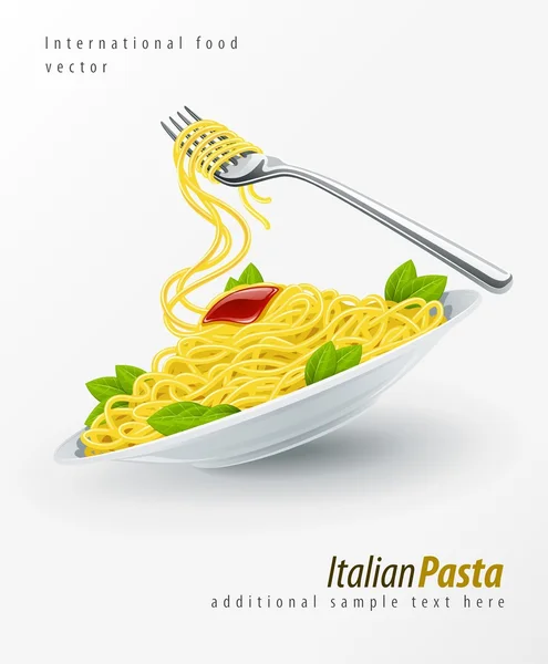 Italian pasta in plate with fork — Stock Vector