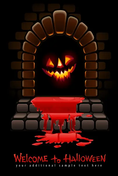 Halloween terrible door bloody entrance and glowing face — Stock Vector