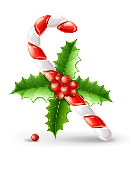 Sladké vánoční karamel hůl s holly zelené listy a plody — Stockový vektor