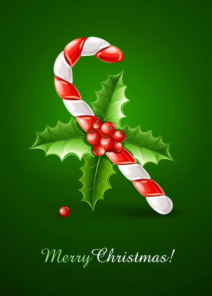 Canna da zucchero caramello di Natale con foglie di agrifoglio verde e bacche — Vettoriale Stock