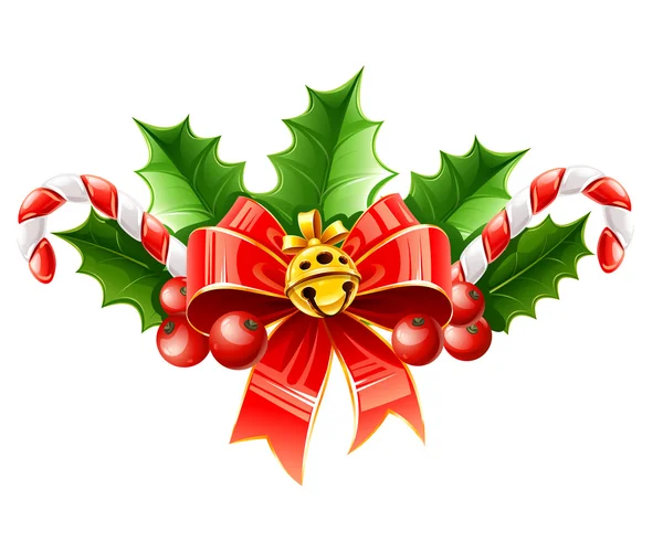 Χριστούγεννα διακόσμηση κόκκινο τόξο με χρυσά φύλλα κουδούνι και Χόλι — Διανυσματικό Αρχείο