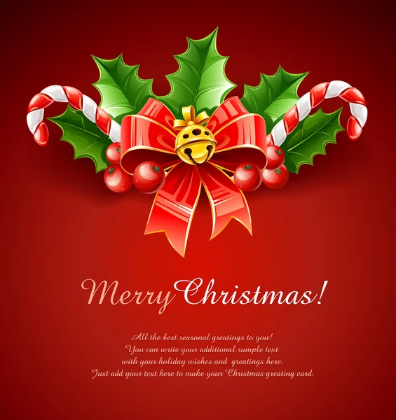 Vánoční dekorace červené luk s zlaté listy, bell a holly — Stockový vektor
