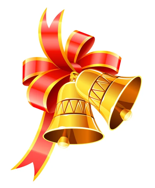 Cloches de Noël en or avec arc rouge — Image vectorielle