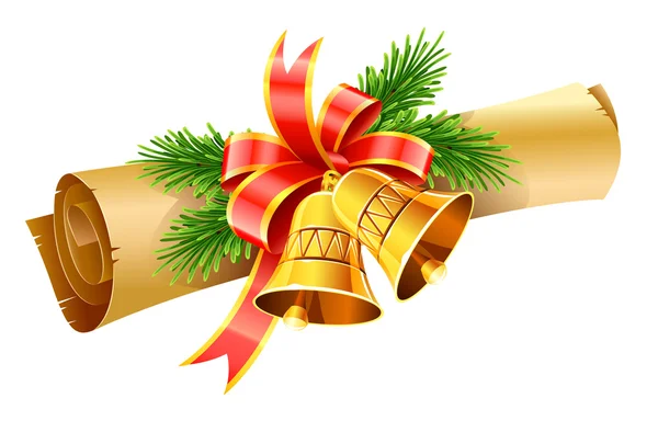 Złote Dzwonki Boże Narodzenie z czerwoną kokardą i zwitek papieru — Wektor stockowy