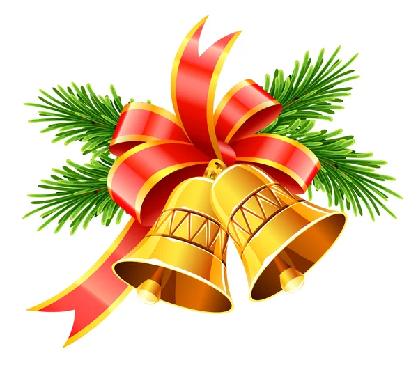 Campane di Natale oro con fiocco rosso e abete — Vettoriale Stock