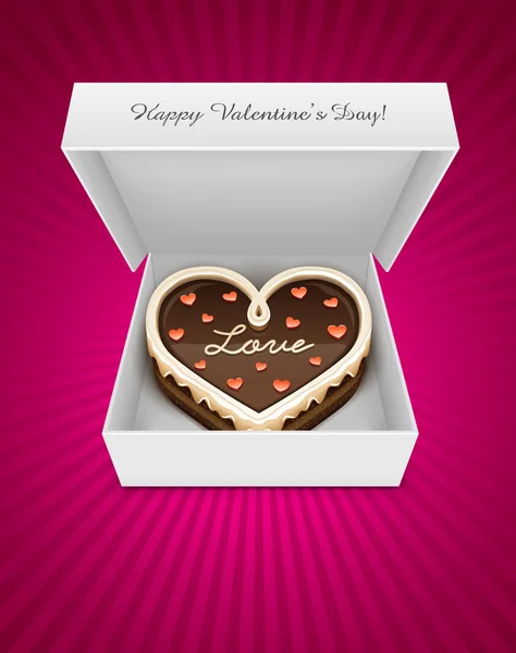Ouvrir la boîte avec un gâteau au chocolat en forme de coeur — Image vectorielle
