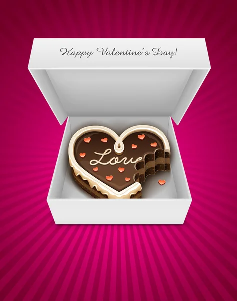 Otevřete krabici s okousaný čokoládový dort v podobě srdce — Stockový vektor
