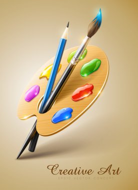 Art palette with paint brush and pencil tools for drawing clipart