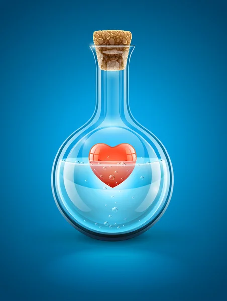 Glass flask bottle with red heart in water inside — Stock Vector
