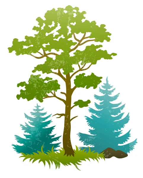 Siluetas de grunge de los árboles del bosque y firtrees — Vector de stock