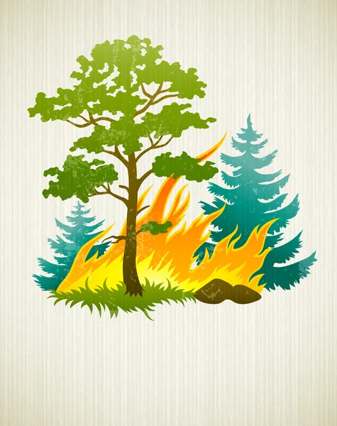 Desastre do fogo com queima de árvore de floresta e firtrees — Vetor de Stock