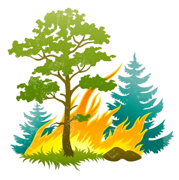 Desastre do fogo com queima de árvore de floresta e firtrees — Vetor de Stock