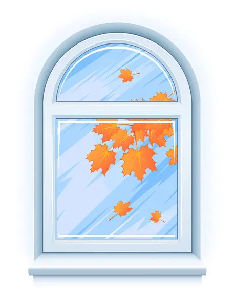 Fönster med gula höstlöv och regnigt väder — Stock vektor