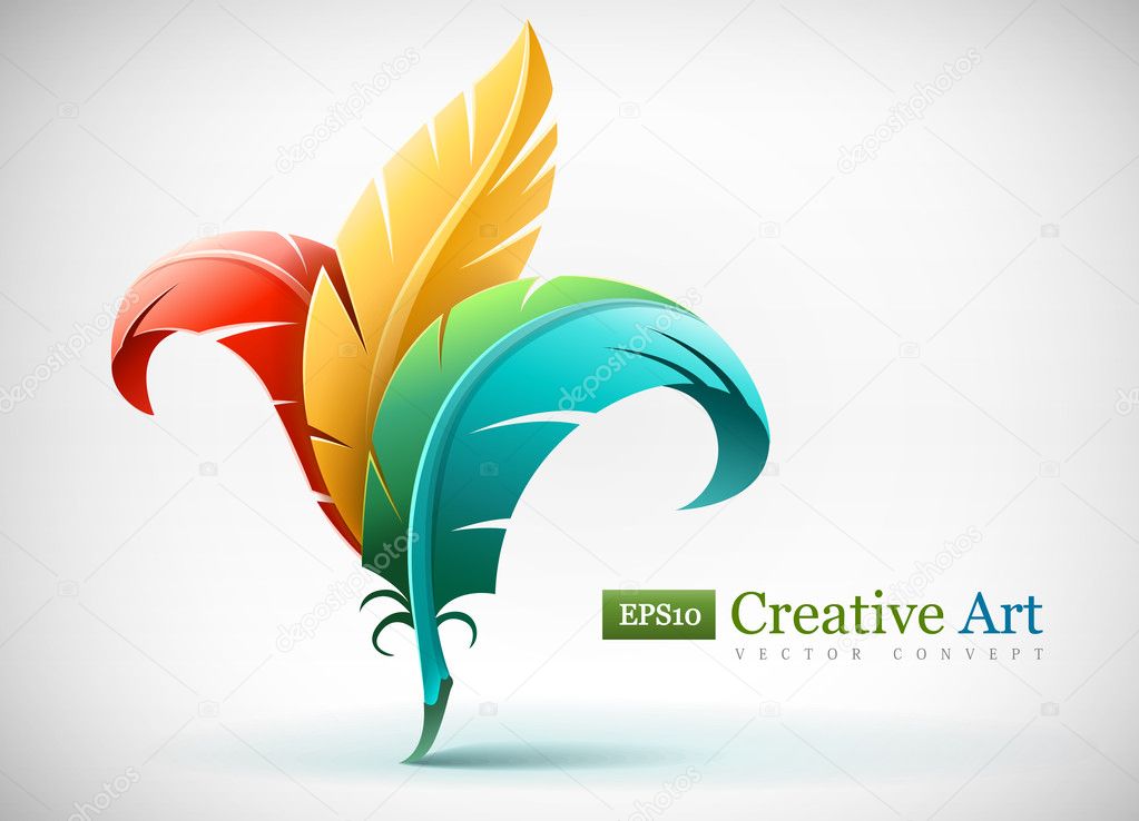 Creative art concept with color red yellow and blue feathers. Vector illustration EPS10. Transparent objects used for shadows and lights drawing.