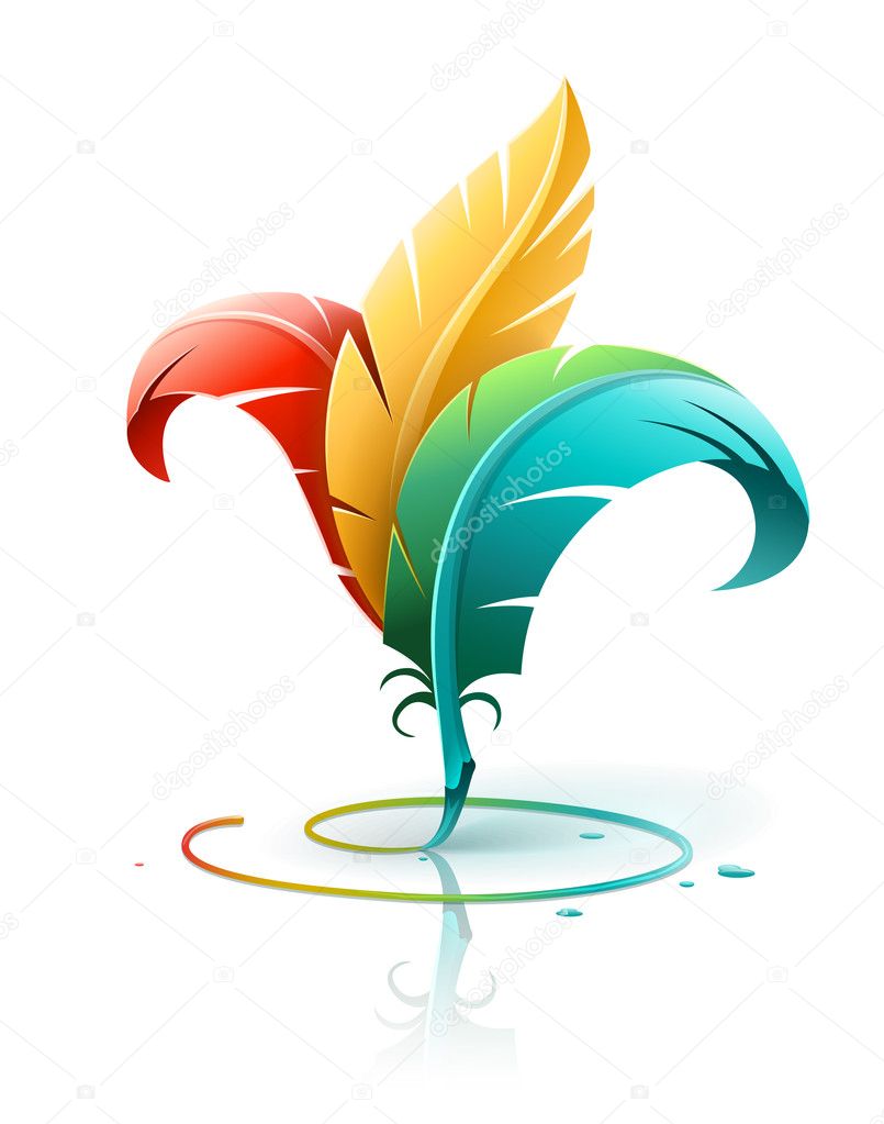 Creative art concept with color red yellow and blue feathers. Vector illustration isolated on white background EPS10. Transparent objects used for shadows and lights drawing.