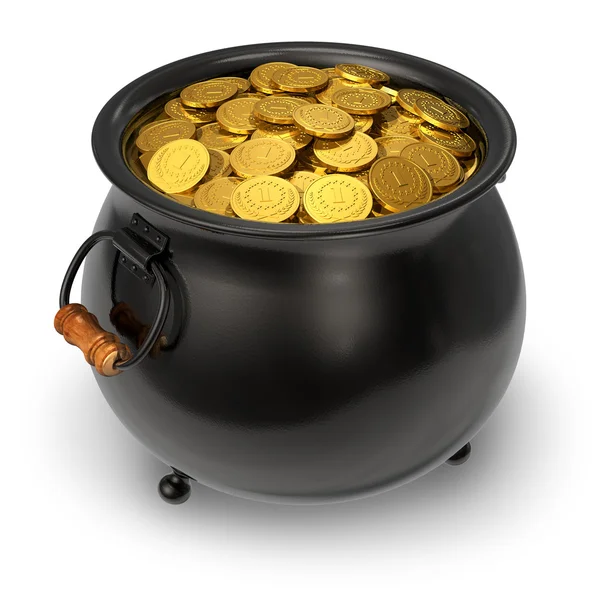 Czarny garnek pełen złote monety — Zdjęcie stockowe