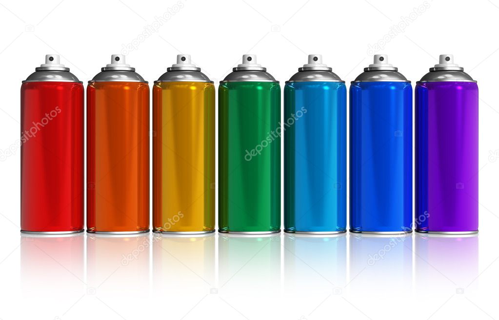 Set of rainbow paint spray cans