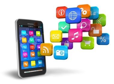 Smartphone with cloud of application icons clipart