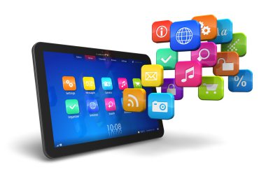 Tablet PC with cloud of application icons clipart