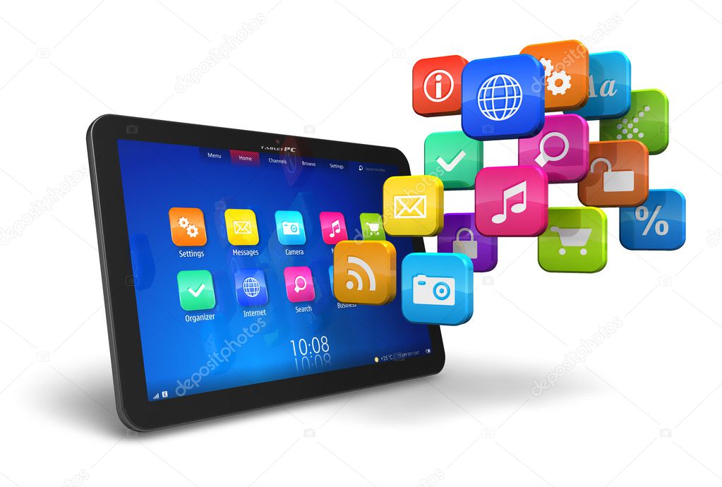 Tablet PC with cloud of application icons