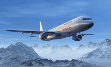 Morning airliner flight over the snowy mountain peaks clipart