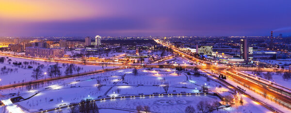 Night winter aerial panorama of Minsk, Belarus