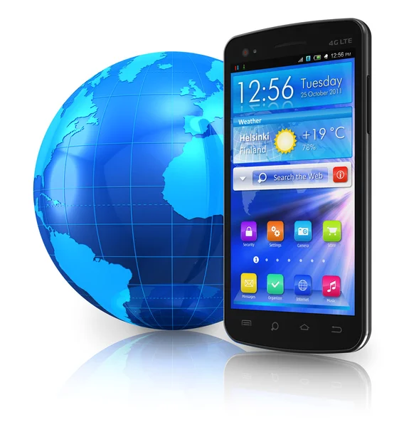Touchscreen smartphone en aarde bol — Stockfoto