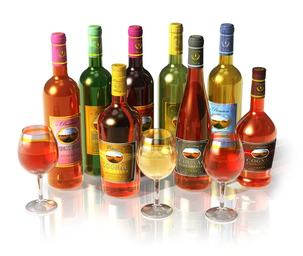 Conjunto de garrafas de vinho e conhaque e taças — Fotografia de Stock
