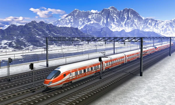 Railroad station in mountains with high speed train — Stock Photo, Image