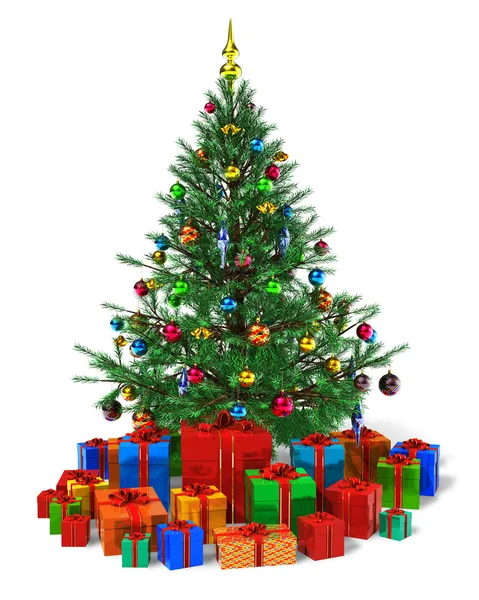 装饰圣诞树与堆的彩色礼品盒 — 图库照片