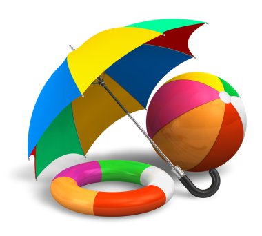plaj öğeler: şemsiye, top ve cankurtaran renk