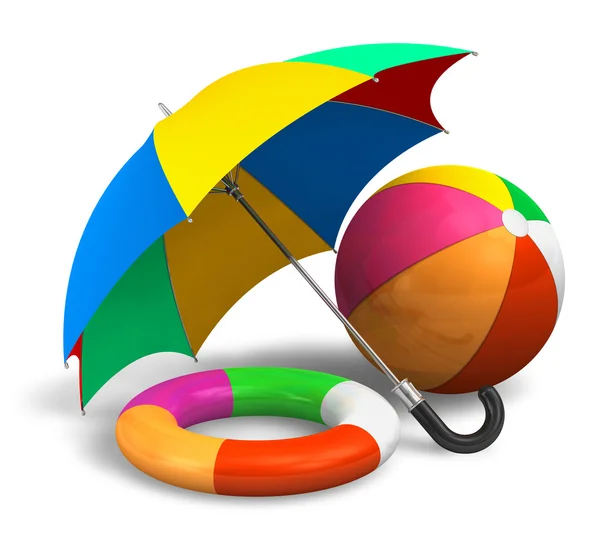 Пляжные принадлежности: цветной зонтик, мяч и спасательный круг — стоковое фото