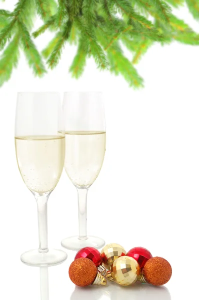 Christmas balls and champagne — Stock Photo, Image