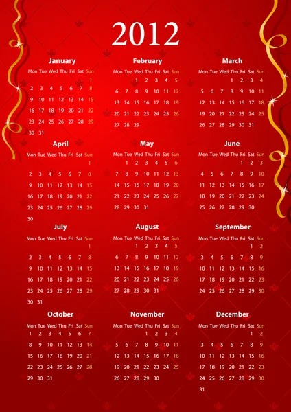 Vetor calendário vermelho 2012 — Vetor de Stock