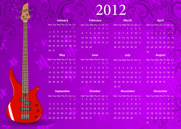 矢量与低音吉他的 2012 年欧洲日历 — 图库矢量图片