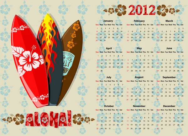 Calendario Vector Aloha 2012 con tavole da surf — Vettoriale Stock