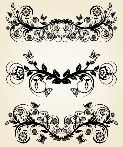 Ilustración vectorial de un conjunto de bordes florales negros vintage — Archivo Imágenes Vectoriales